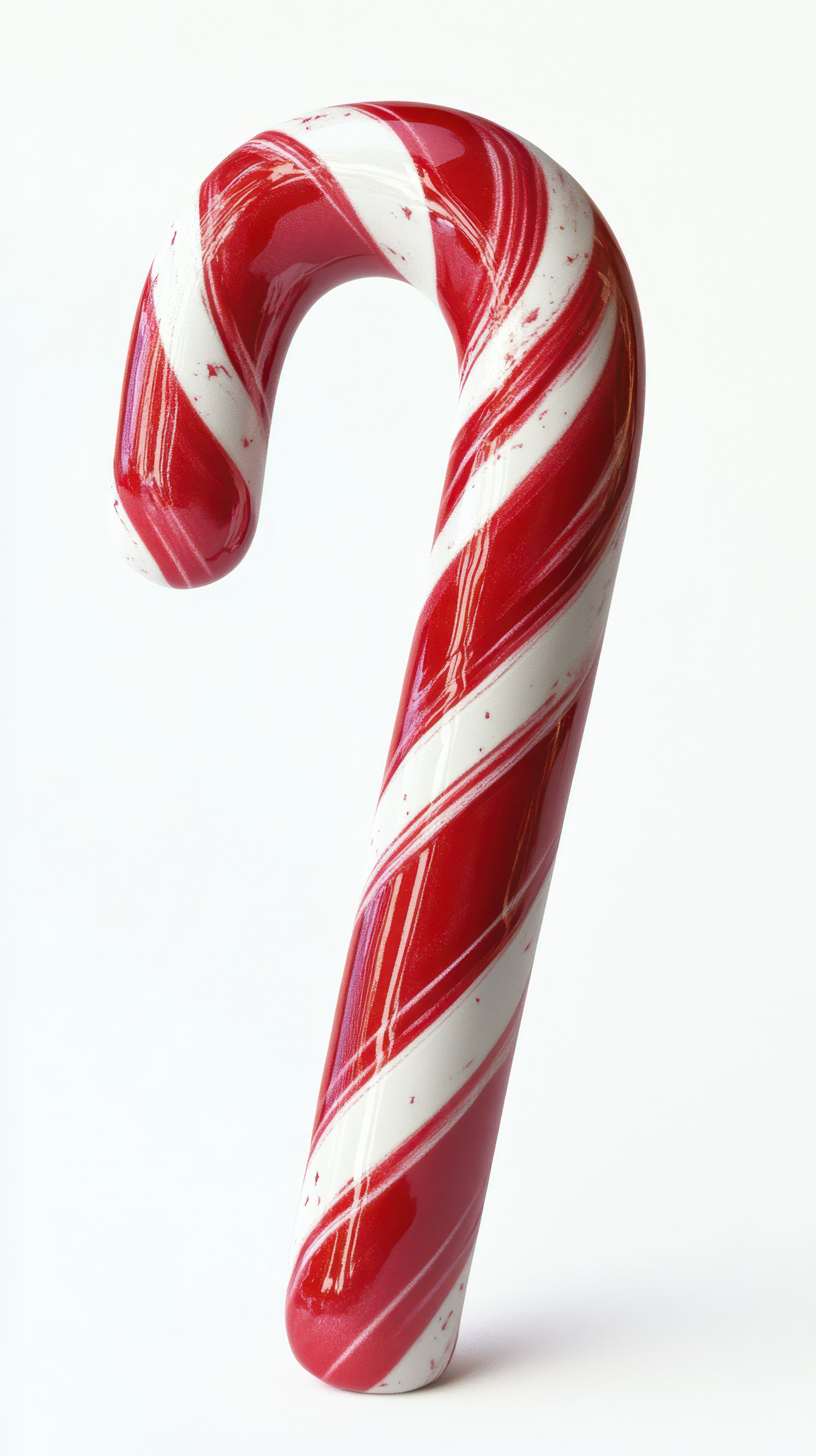 Decorative candy cane stands upright against a plain background showcasing its vibrant red and white stripes during the holiday season